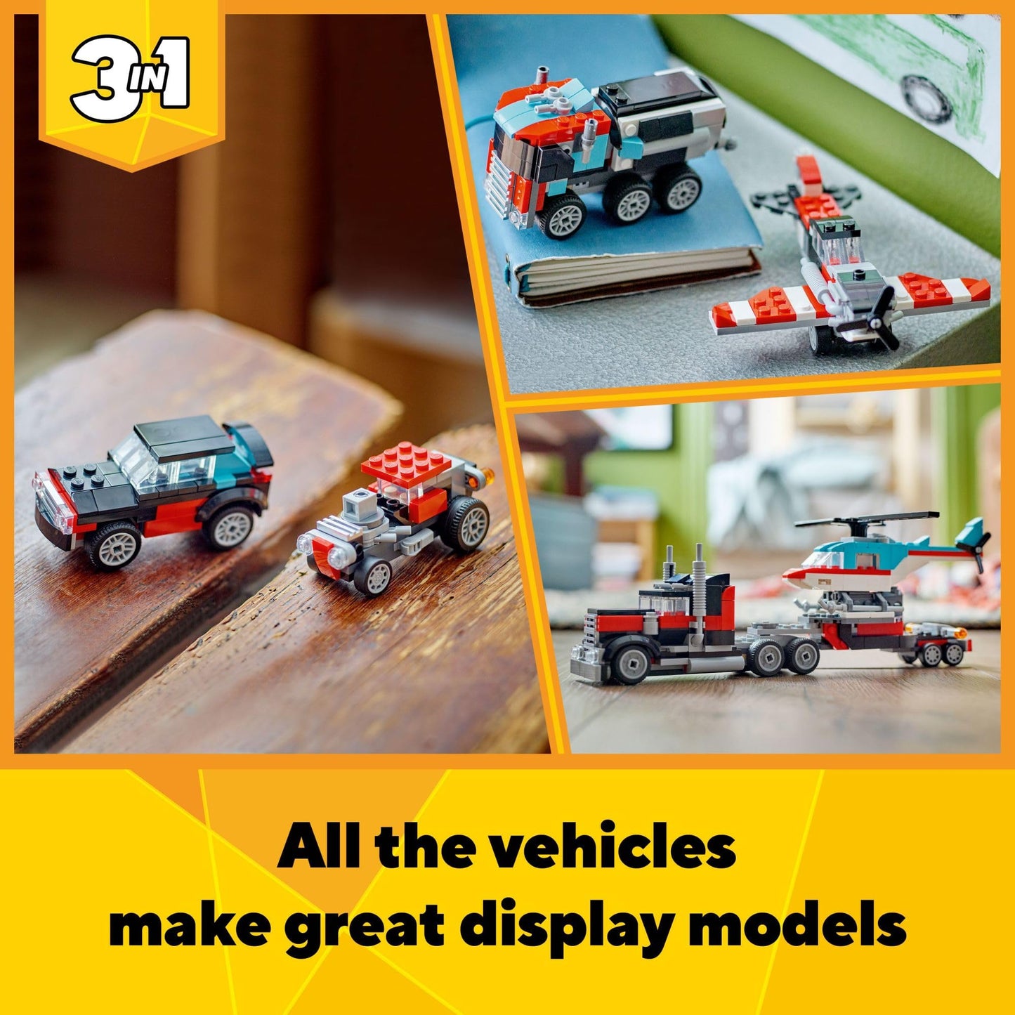 LEGO Creator 3 in 1 Flatbed Truck with Helicopter 31146, Buildable Toy Transforms into Plane, Hot Rod or SUV, Gift for Kids Ages 7+