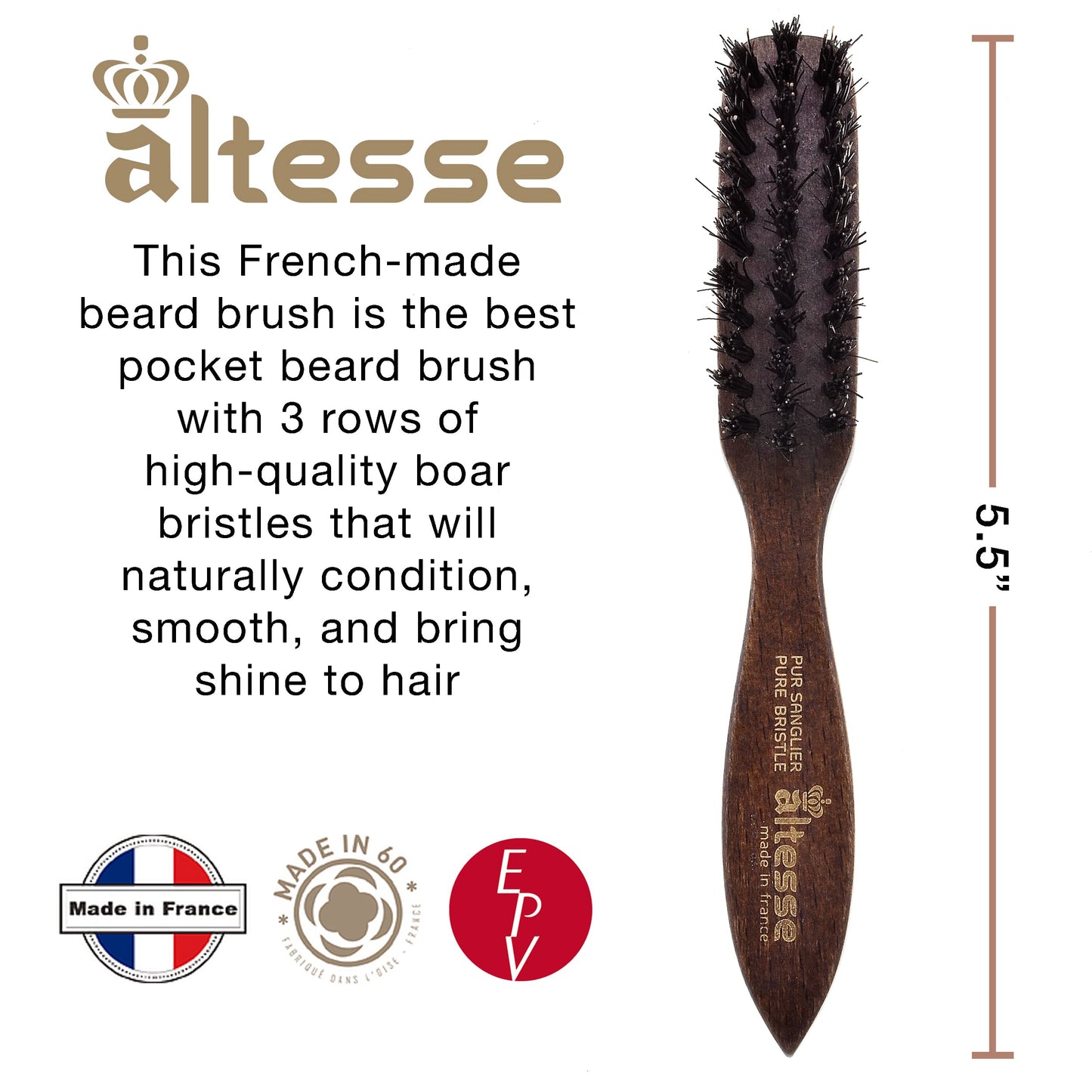 Altesse 320 PM Boar Bristle Beard Brush for Men Beard and Mustache Beard Grooming Kit Dark Beechwood Small Beard Brush Mini with 3 Rows of 100% Firm