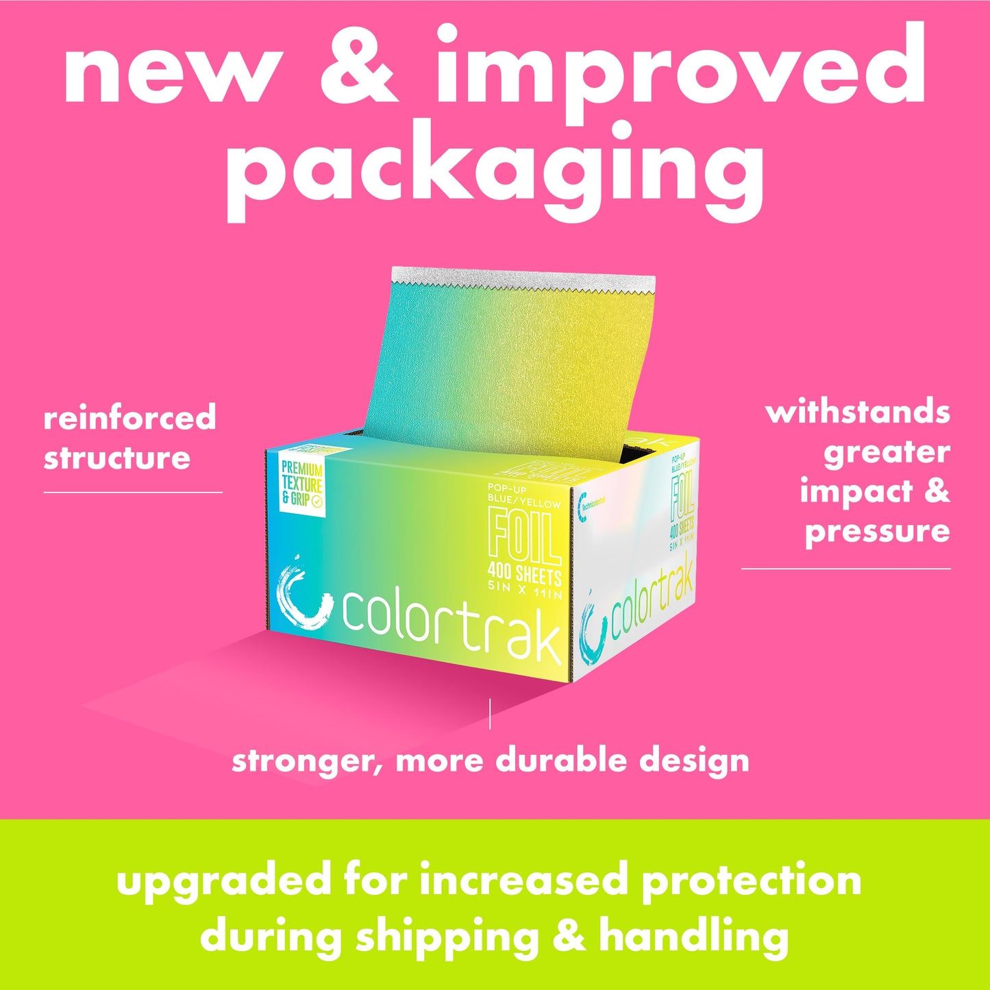 Colortrak Blue/Yellow Gradient Pop-up Foil w/Dispenser (400 Count), Pre-cut Sheets, Non-Slip Embossed Texture, 5" x 10.75" Sheets for Hair Foil