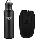 Explorer Bear Black Titanium Camping Sports Water Bottle, 23.6 oz, with Carrying Pouch