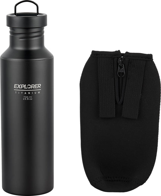 Explorer Bear Black Titanium Camping Sports Water Bottle, 23.6 oz, with Carrying Pouch