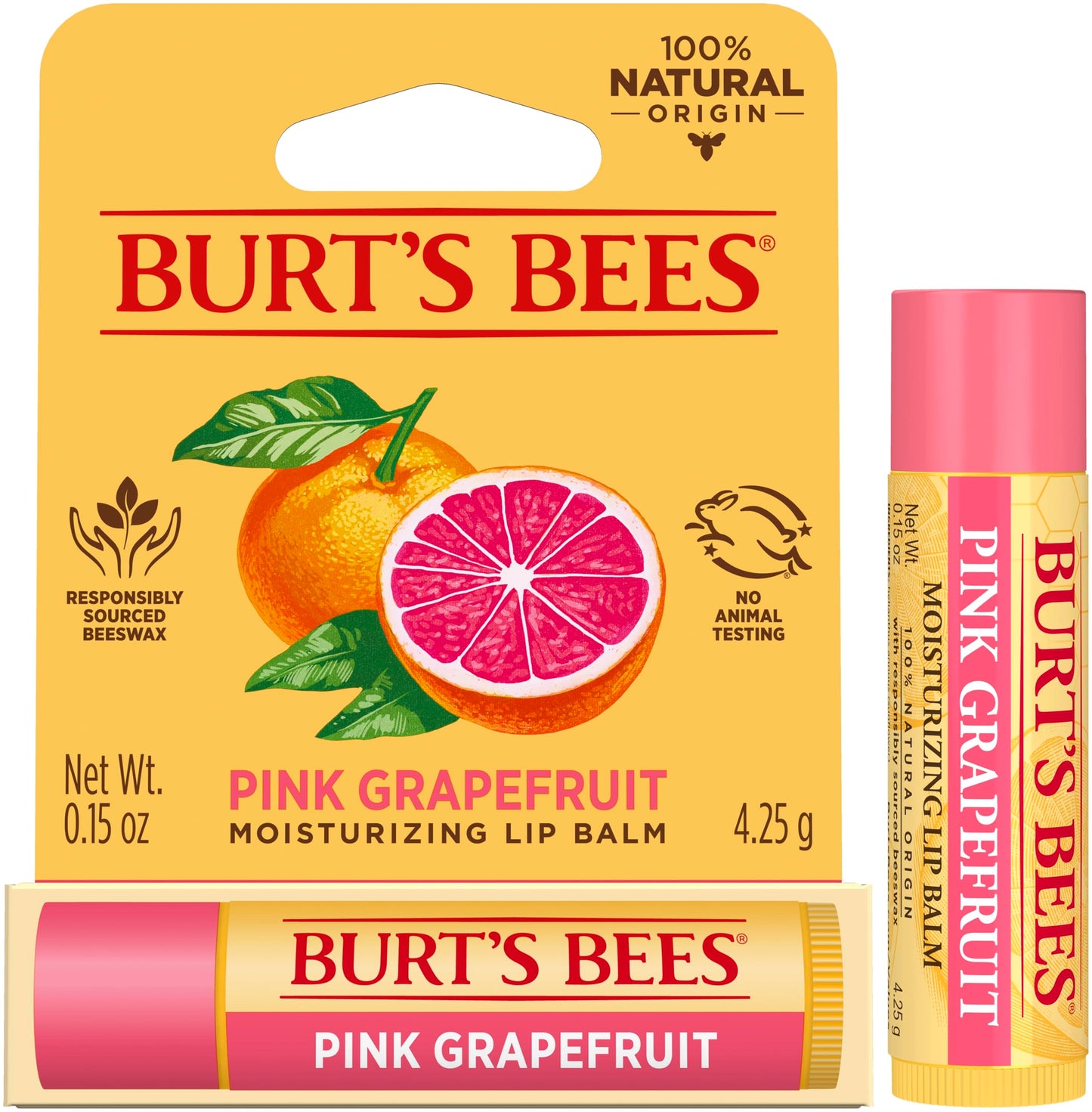 Burt's Bees 100% Natural Moisturizing Lip Balm, Pink Grapefruit with Beeswax & Fruit Extracts, 1 Tube