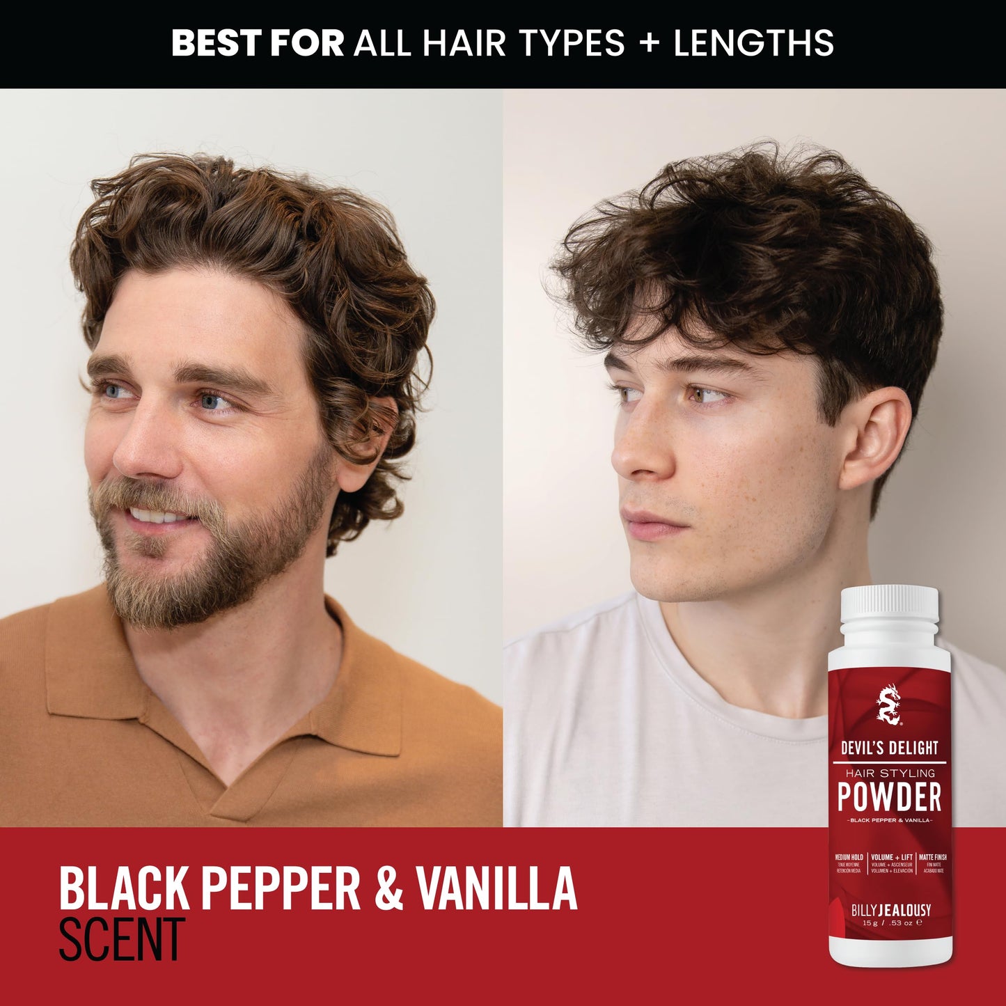Billy Jealousy Devil's Delight Hair Styling Powder - Volume & Texture Powder for Men, Medium Hold, Matte Finish, Vegan, Black Pepper & Vanilla Scent