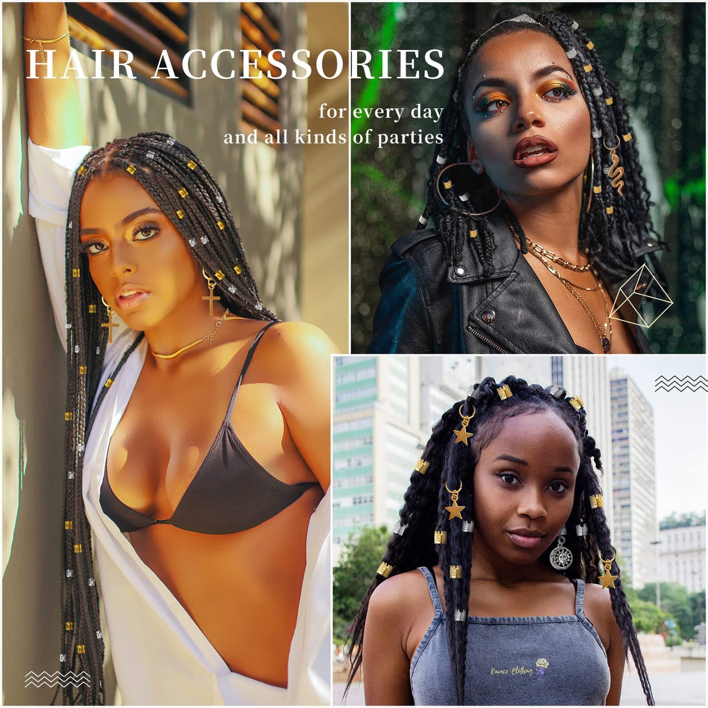 Vaikby 201PCS Hair Jewelry Beads for Braids, Gold and Silver Hair Dreadlock Accessories, Metal Hair Rings, Hair Charms Pendants, Braid Cuffs Clips