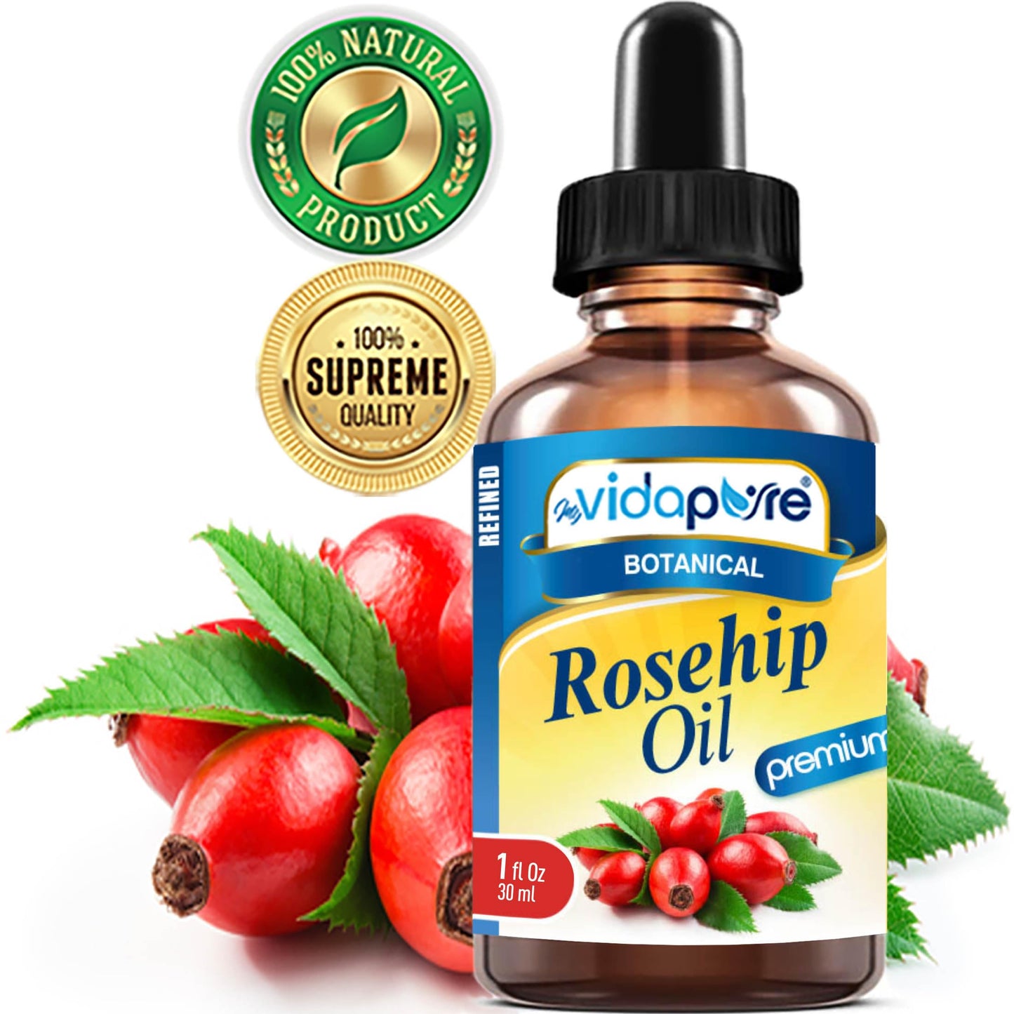 MYVIDAPURE Rosehip Oil Vitamin A, Vitamin C, Vitamen E for Wrinkles, Scars, Stretch Marks, Face, Body, Hair, Lip Care. (1 Fl Oz)