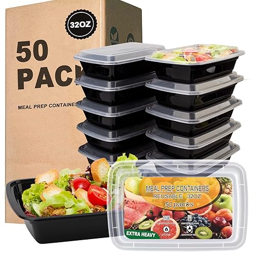 Ezalia 50 Pack- Meal Prep Containers 32oz, Plastic Food Prep Containers Reusable, Leakproof To Go Food Containers with Lids, BPA-Free…