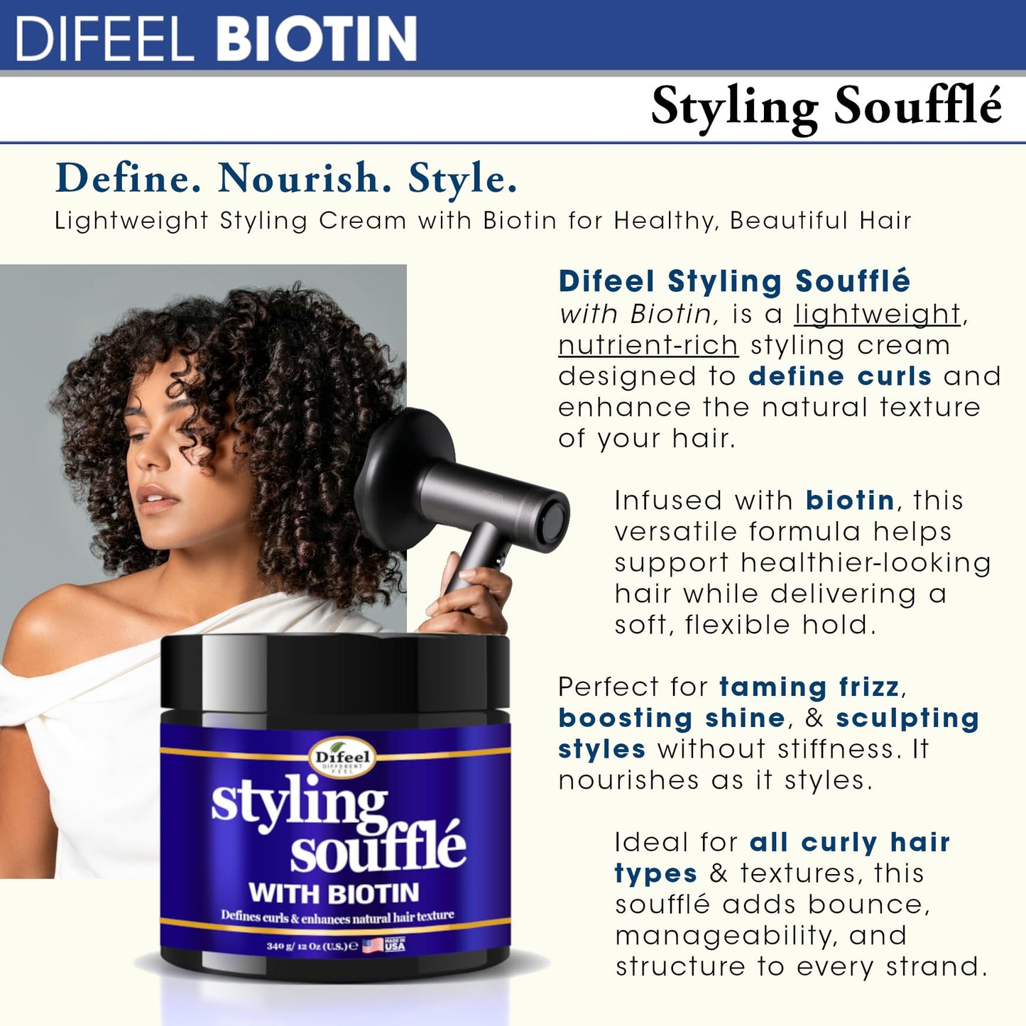 Difeel Curl Defining Styling Soufflé with Biotin 12 oz. - Nourishing Curl Defining Souffle for Wavy Hair, Curly Hair & Coils
