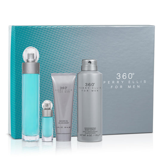 Perry Ellis 360° for Men 4-Piece Gift Set - 3.4 fl oz Eau de Toilette, 3 oz Shower Gel, 6 oz Body Spray, .25 fl oz EDT Mini Travel Spray - fresh Beauty & Personal Care Perry Ellis