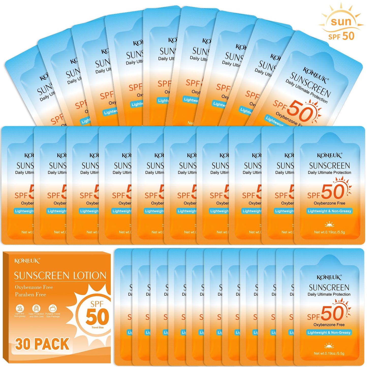 30 Pack Travel Size Sunscreen, SPF 50, Bulk Mini Sunscreen for Face and Body, Lightweight and Non-Greasy, Travel Size for Summer Beach and Outdoor Beauty and Personal Care KONEUK Default Title