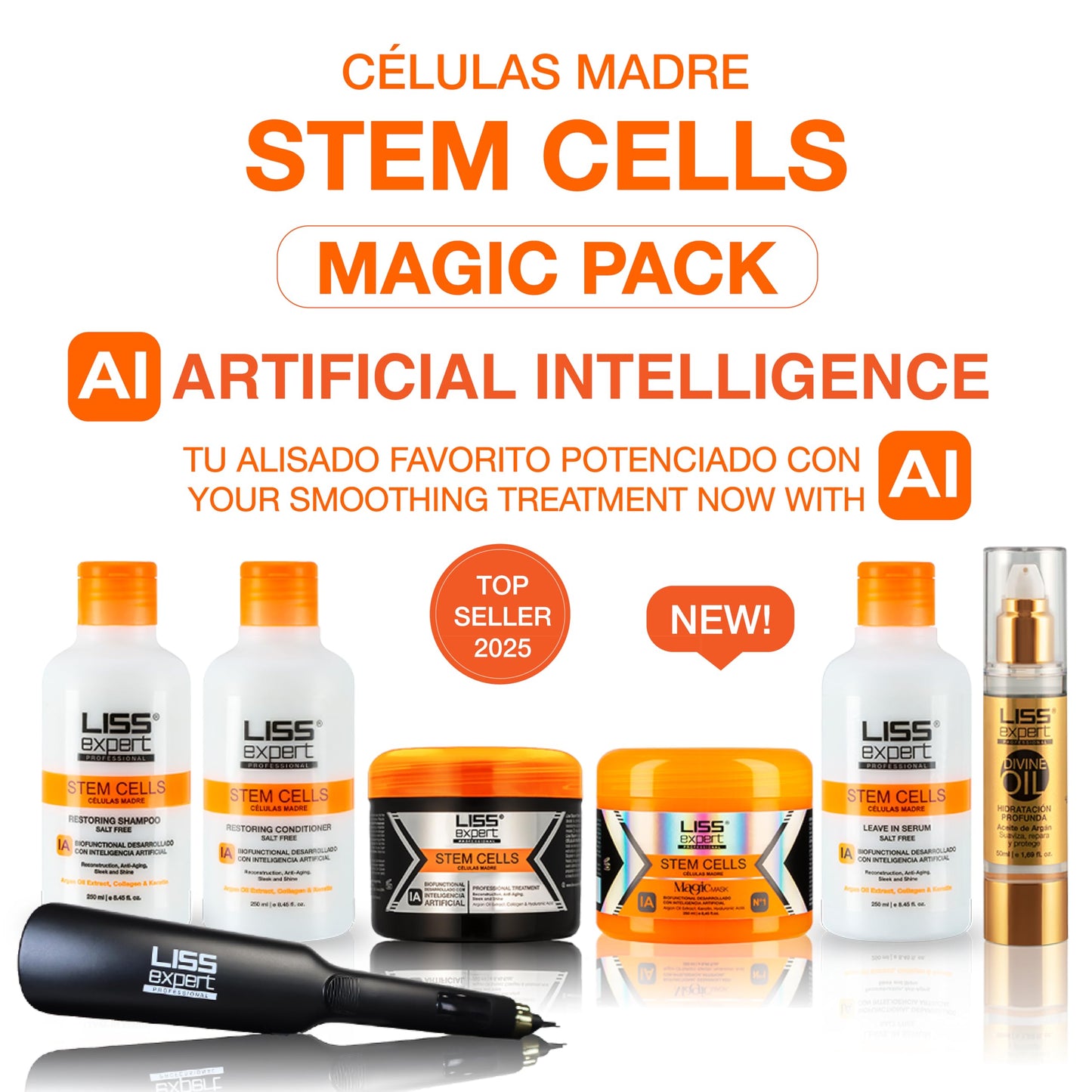 Liss Expert Professional Stem Cells Hair Smoothing Treatment Kit 8.45 oz with Titanium Flat Iron DEAL (250 ml Complete Set)
