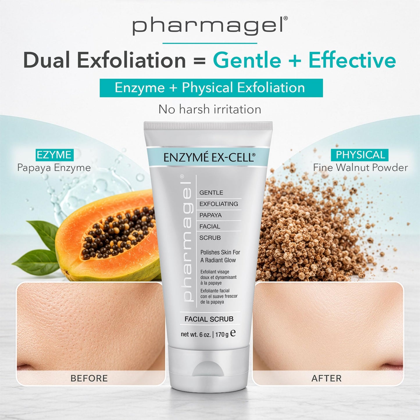 Pharmagel Enzyme Ex-Cell - Gentle Papaya Face Exfoliator Scrub for All Skin Types - 6 Ounces