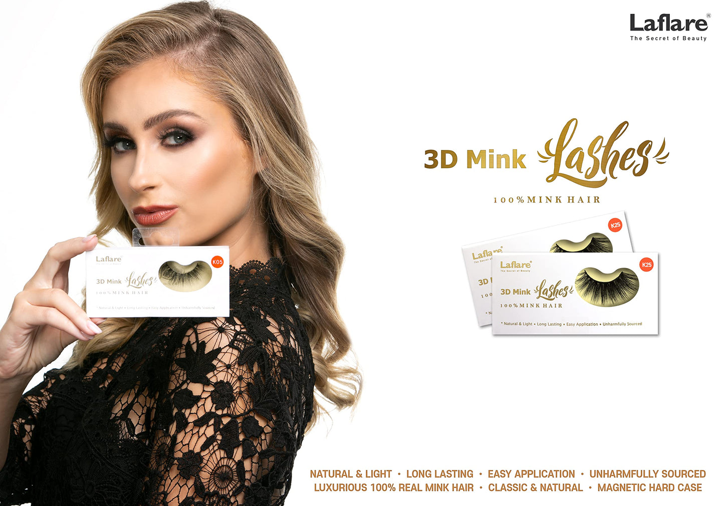 Laflare 3D 100% REAL MINK Eyelashes, Luxurious Hand-made, Light, Natural, Long Lasting, Easy to Apply False Lashes (K25)