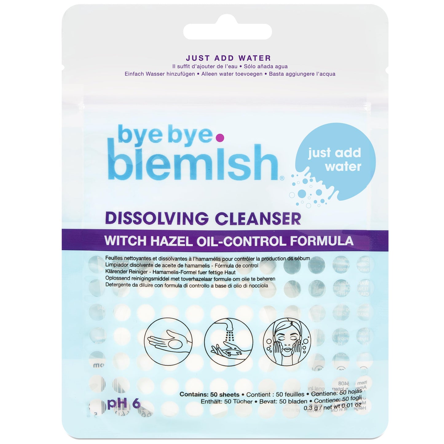 Bye Bye Blemish Dissolving Cleanser Sheets - Witch Hazel Oil-Control Face Wash, Water-Activated Facial Paper Soap for Acne-Prone Skin, Removes Dirt