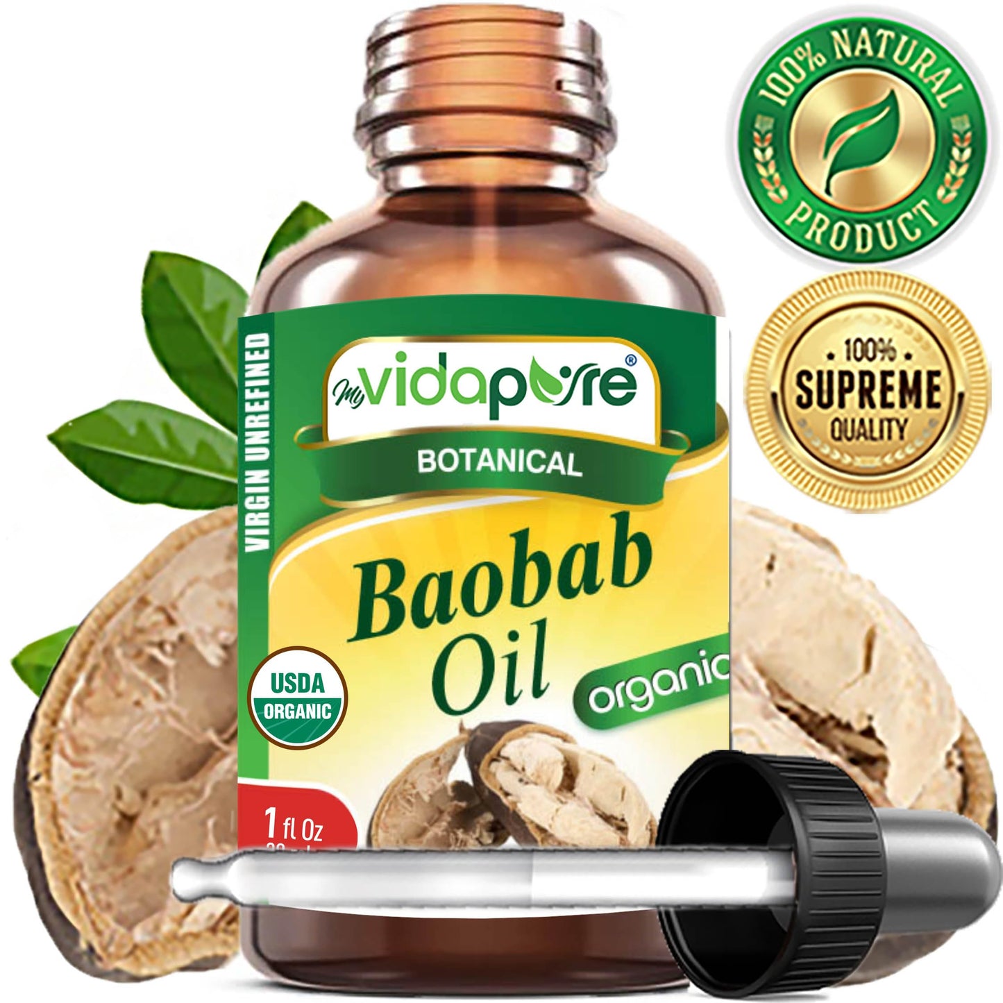 MYVIDAPURE Organic BAOBAB OIL Certified Organic 100% Natural Pure VIRGIN UNREFINED for Skin, Face, Hair, Lip and Nail Care (1 Fl Oz)