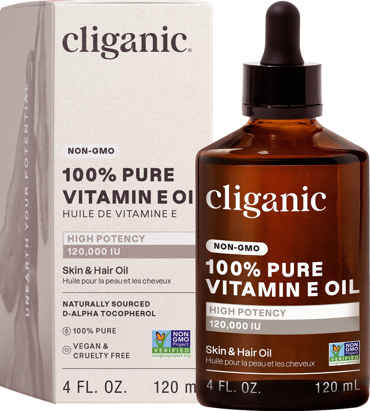 Cliganic Pure Vitamin E Oil for Skin, Scars, Hair & Face - 120,000 IU, Non-GMO Verified | Natural D-Alpha Tocopherol