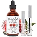 PURA D'OR 4 Oz ORGANIC Castor Oil - w/ 2 BONUS Empty Brushes - 100% Pure USDA Certified Cold Pressed, Hexane Free Eyelash & Eyebrow Serum