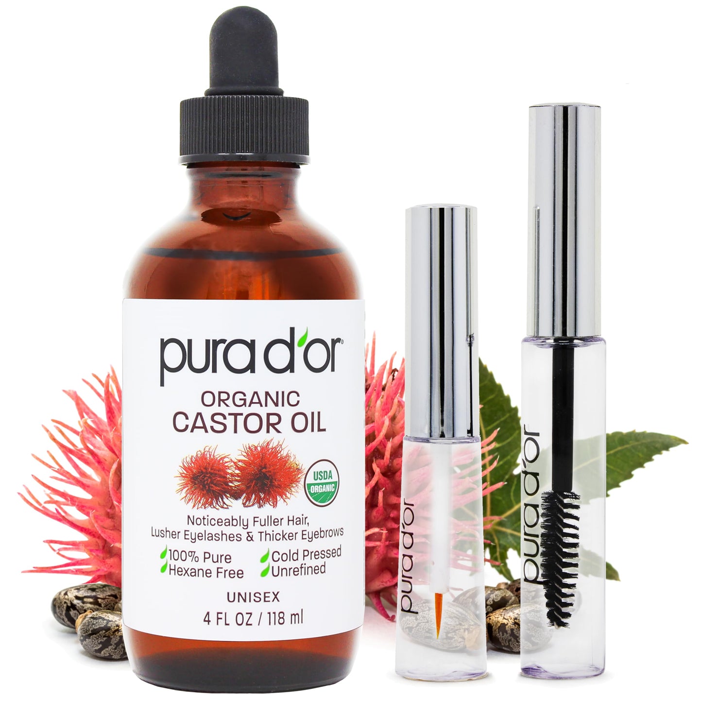 PURA D'OR 4 Oz ORGANIC Castor Oil - w/ 2 BONUS Empty Brushes - 100% Pure USDA Certified Cold Pressed, Hexane Free Eyelash & Eyebrow Serum