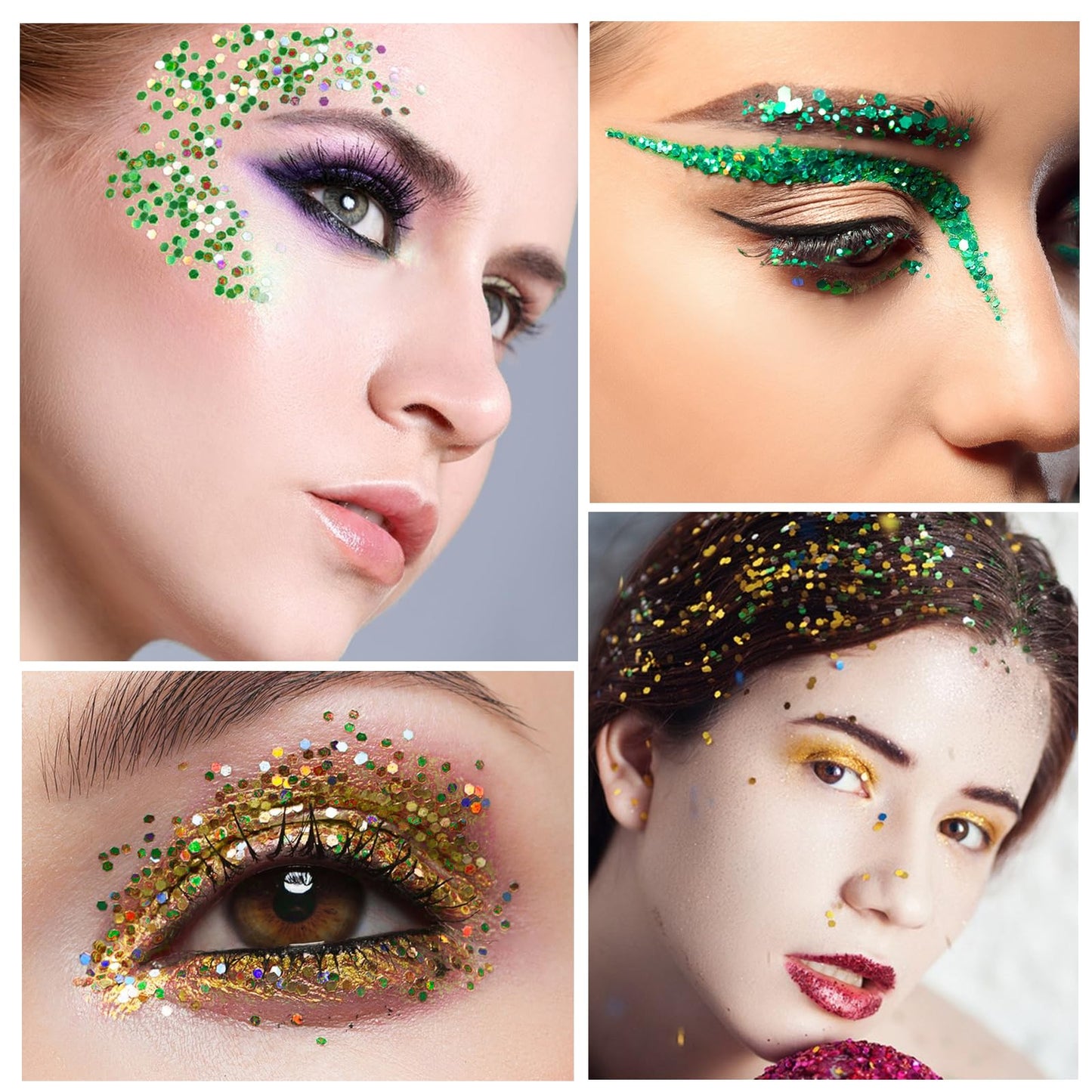 Red Green Gold Mixed Holographic Chunky Glitter, 13g (2 Jars x 6.5g) Crafts Glitter Powder with 10g Gel and Brush, Christmas Iridescent Nail Sequins