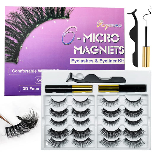 Royaomis 10 Pairs Magnetic Eyelashes with Eyeliner, Magnetic Lashes Natural Looking, Magnetic Eyelash Kit,Latest Six Magnets, With 3D 5D Reusable