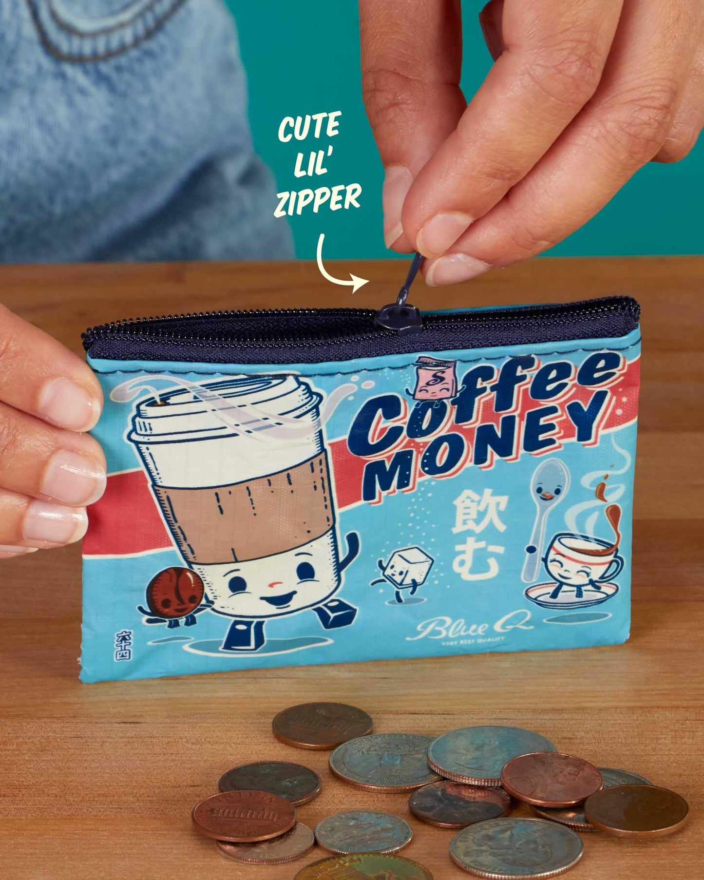 blue q coin purse - cute pouch for men and women, small wallet keychain organizer, zipper bag coins, gift cards & earbuds, mini card holder, compact…