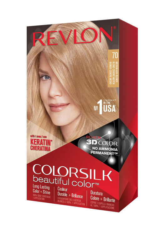 Revlon Permanent Hair Color, Permanent Hair Dye, Colorsilk with 100% Gray Coverage, Ammonia-Free, Keratin and Amino Acids, 70 Medium Ash Blonde, 4.4