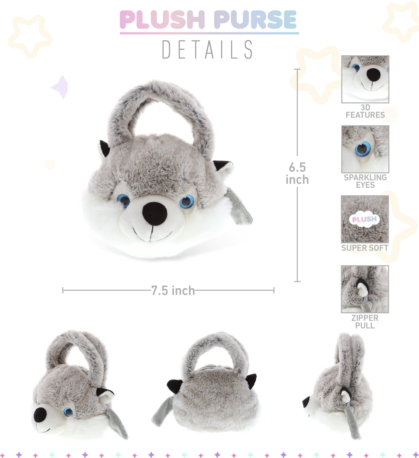 DolliBu Husky Plush Handbag - Super Soft Plush Stuffed Animal Purse for Children's Accessories, Kids Hand Bag Toy Purse, Pretend Play, Fluffy Dress…