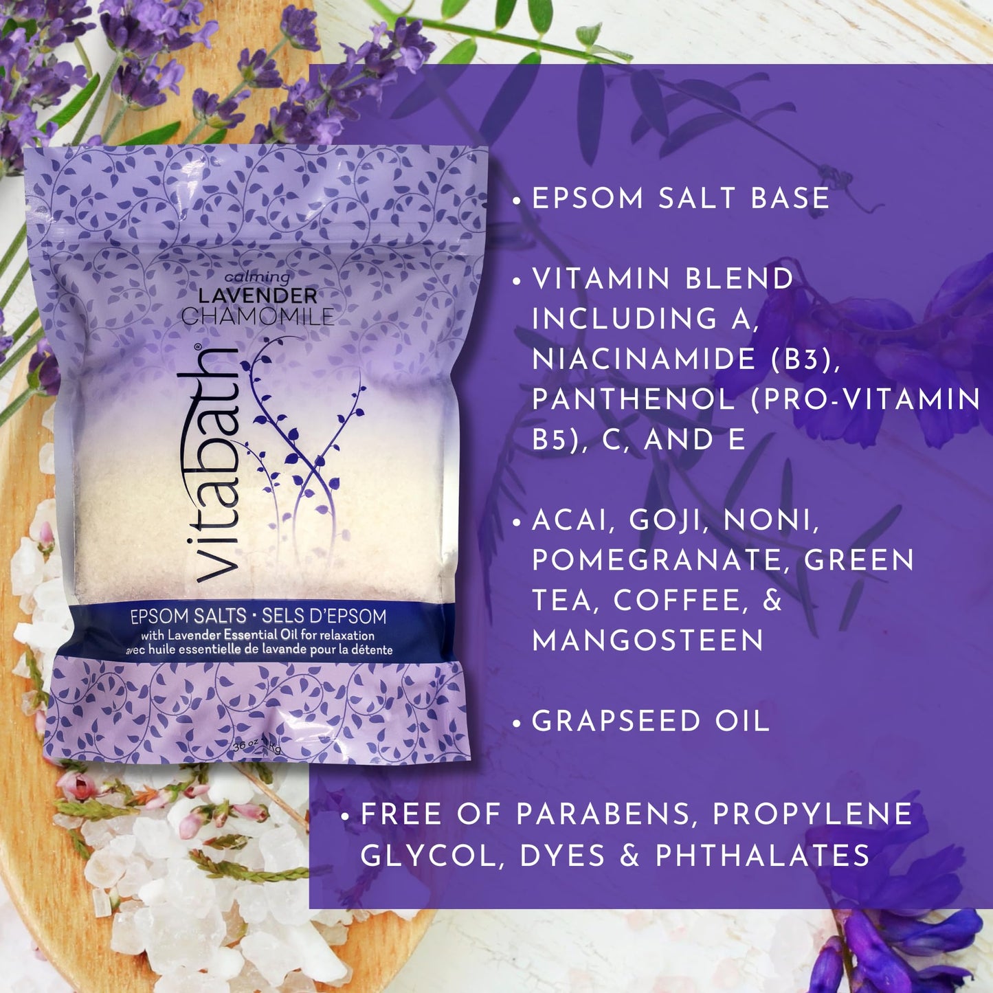 Vitabath Lavender Chamomile Epsom Salts Relaxing Detox Aromatherapy, Muscle Soreness & Body Ache Relieving Soak & Nourishing Skincare for Women & Men