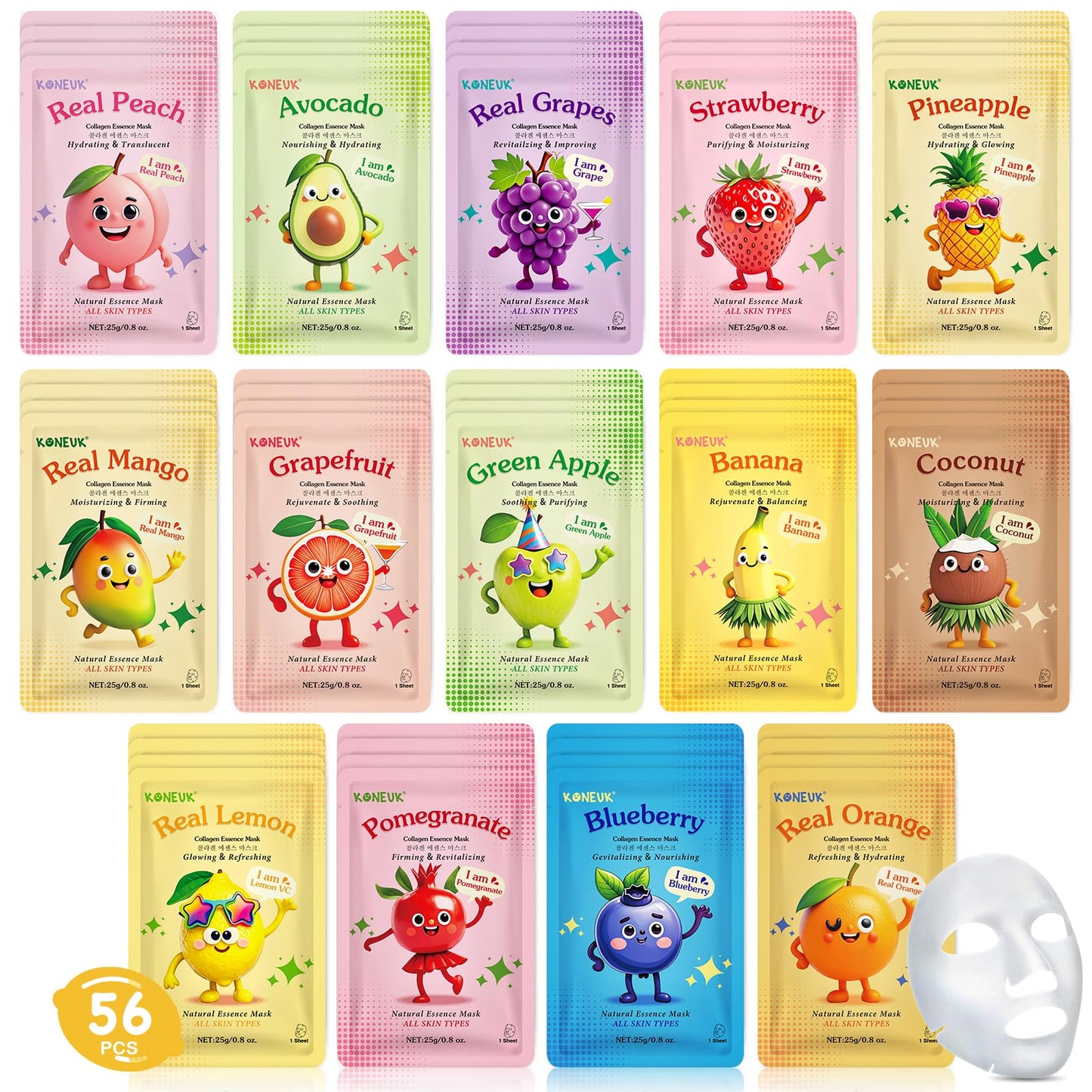 56 Pack Fruit Collagen Face Masks Skincare for Teens Girls, Sheet Face Mask Skin Care for Kids, Bulk Hydrating Facial Masks for Women, Face Mask Set Beauty and Personal Care KONEUK Default Title