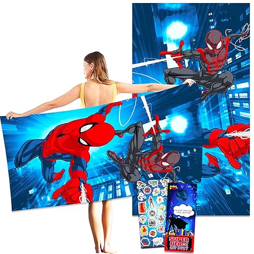 Spiderman Beach Towel Set - Bundle of a 40" x 72" Spiderman Beach Towel with Stickers and More | Marvel Beach Accessories