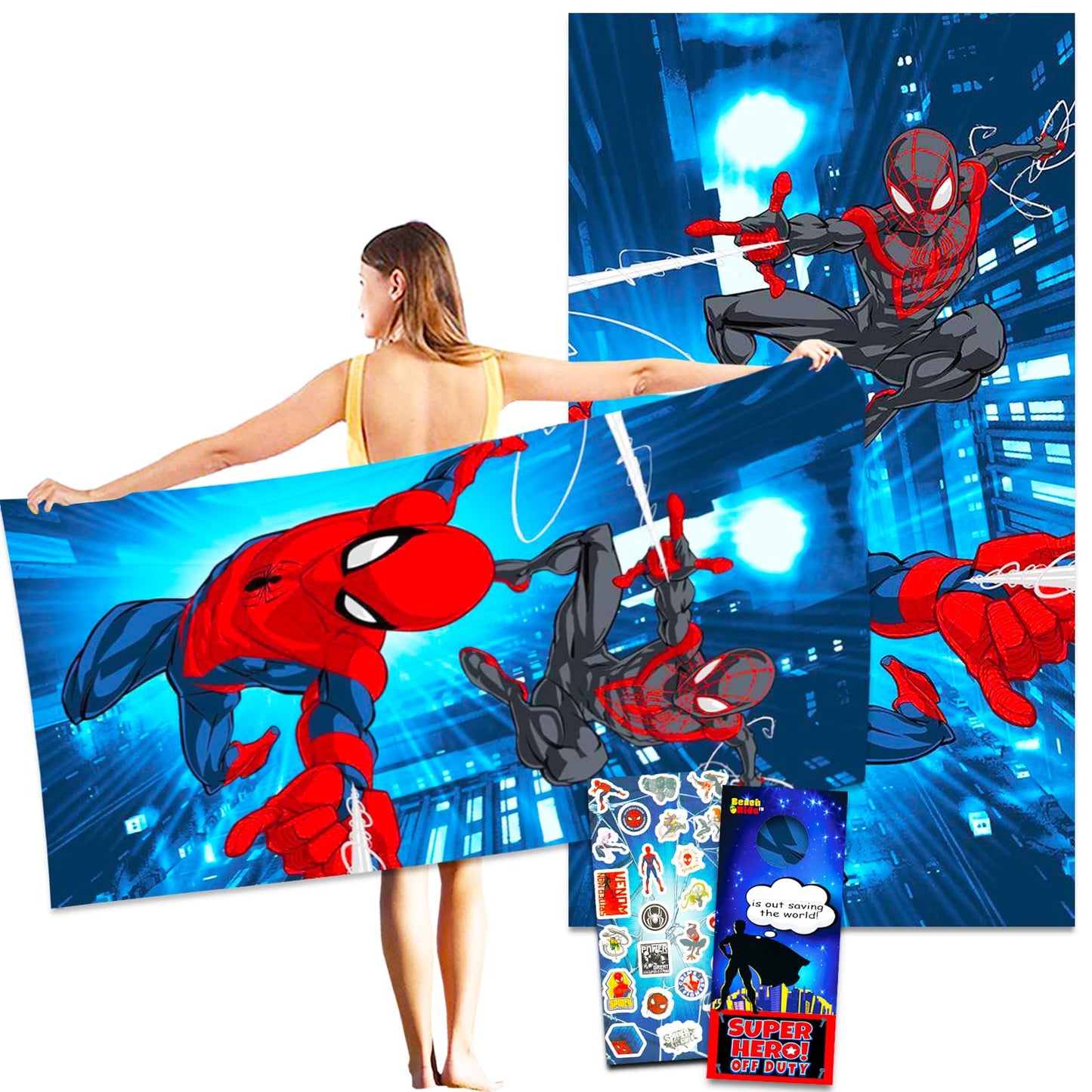 Spiderman Beach Towel Set - Bundle of a 40" x 72" Spiderman Beach Towel with Stickers and More | Marvel Beach Accessories