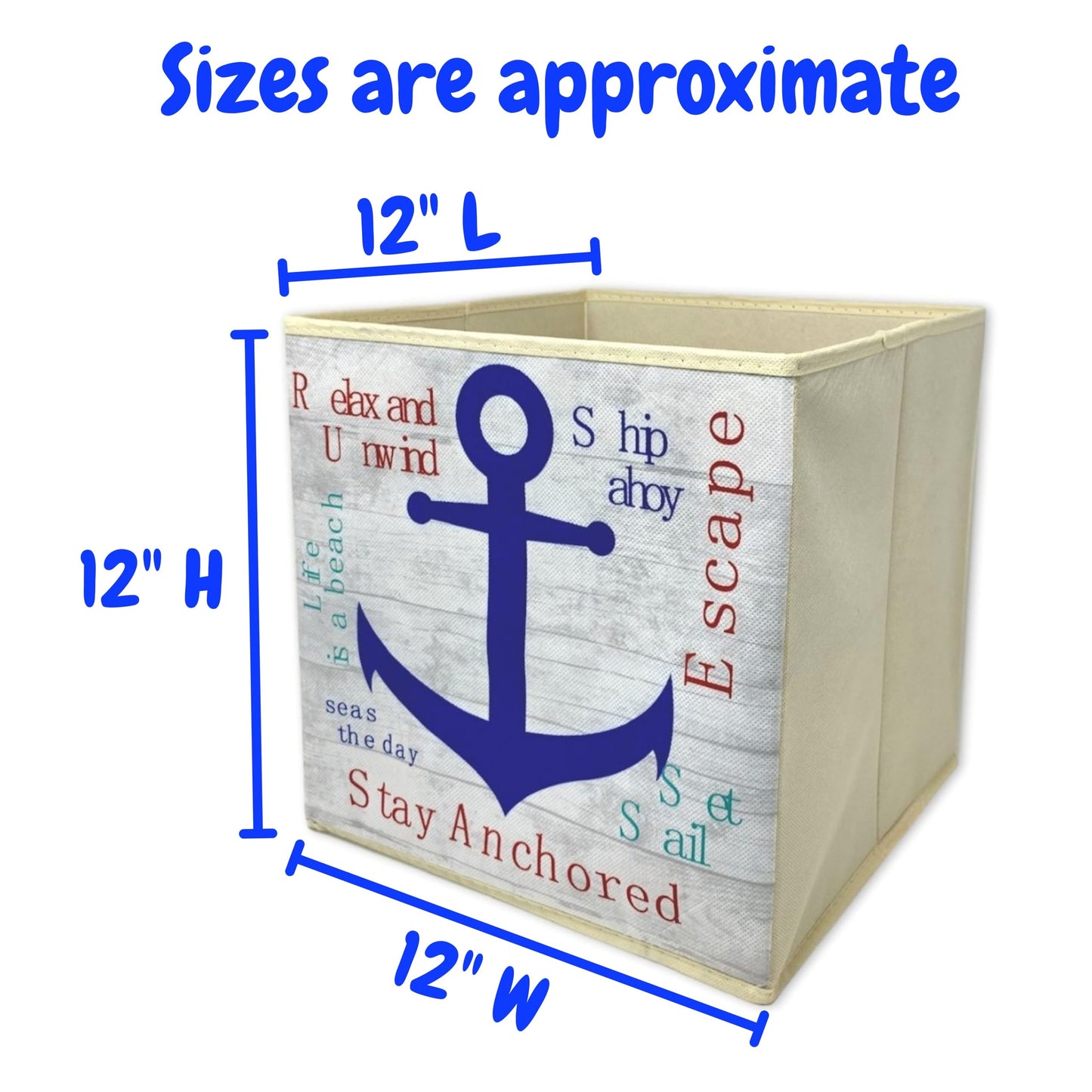 BANBERRY DESIGNS Collapsible Storage Bins - Nautical Beach Themed Cube - Catch All Basket - Organizer Box - Canvas Fabric Foldable Container…