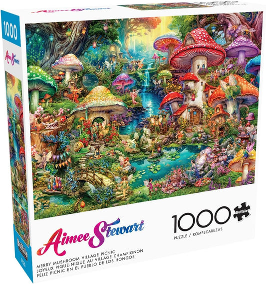 Buffalo Games 1000 Piece Jigsaw Puzzle – Aimee Stewart Merry Mushroom Village Picnic, Challenging Puzzle for Adults, 26.75" x 19.75"