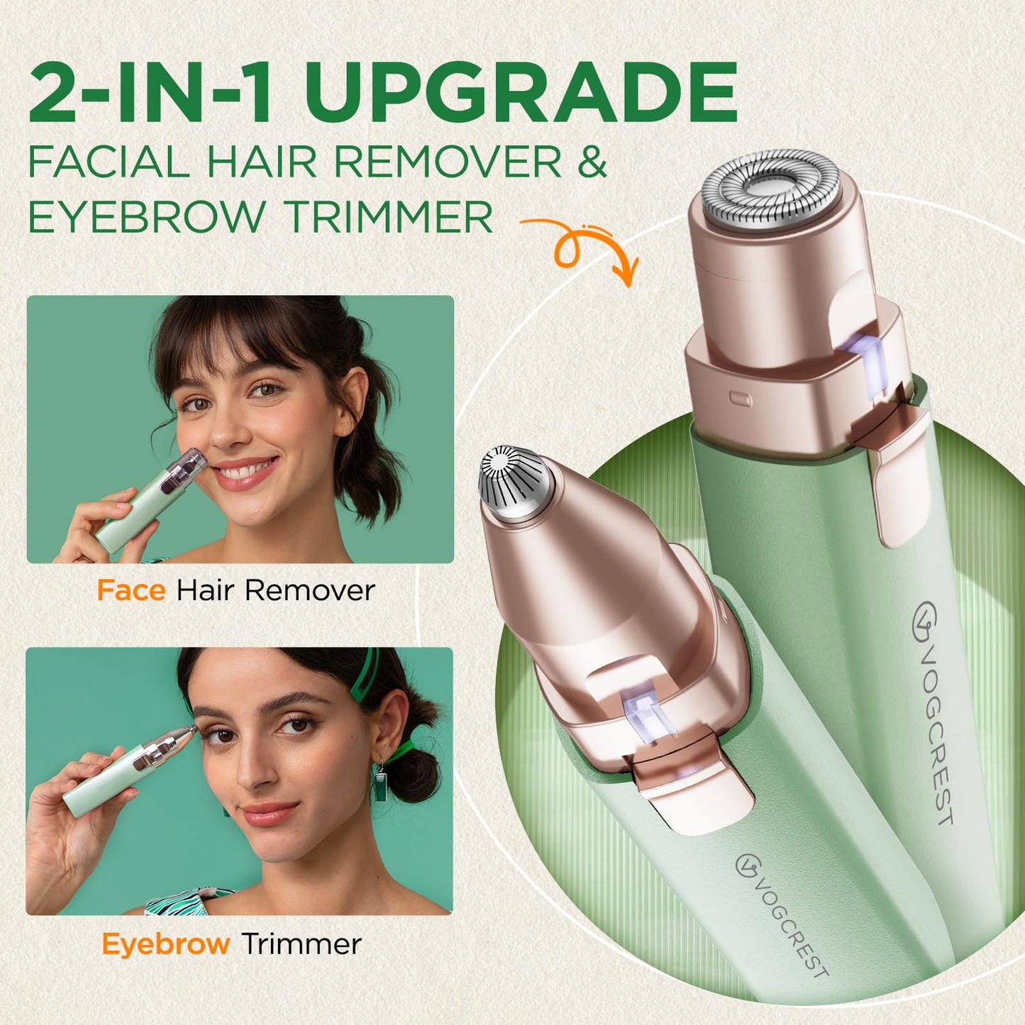 VOGCREST Hair Trimmer, 2 in 1 Facial Hair Remover & Eyebrow Trimmer for Women - Rechargeable, Portable, LED Light