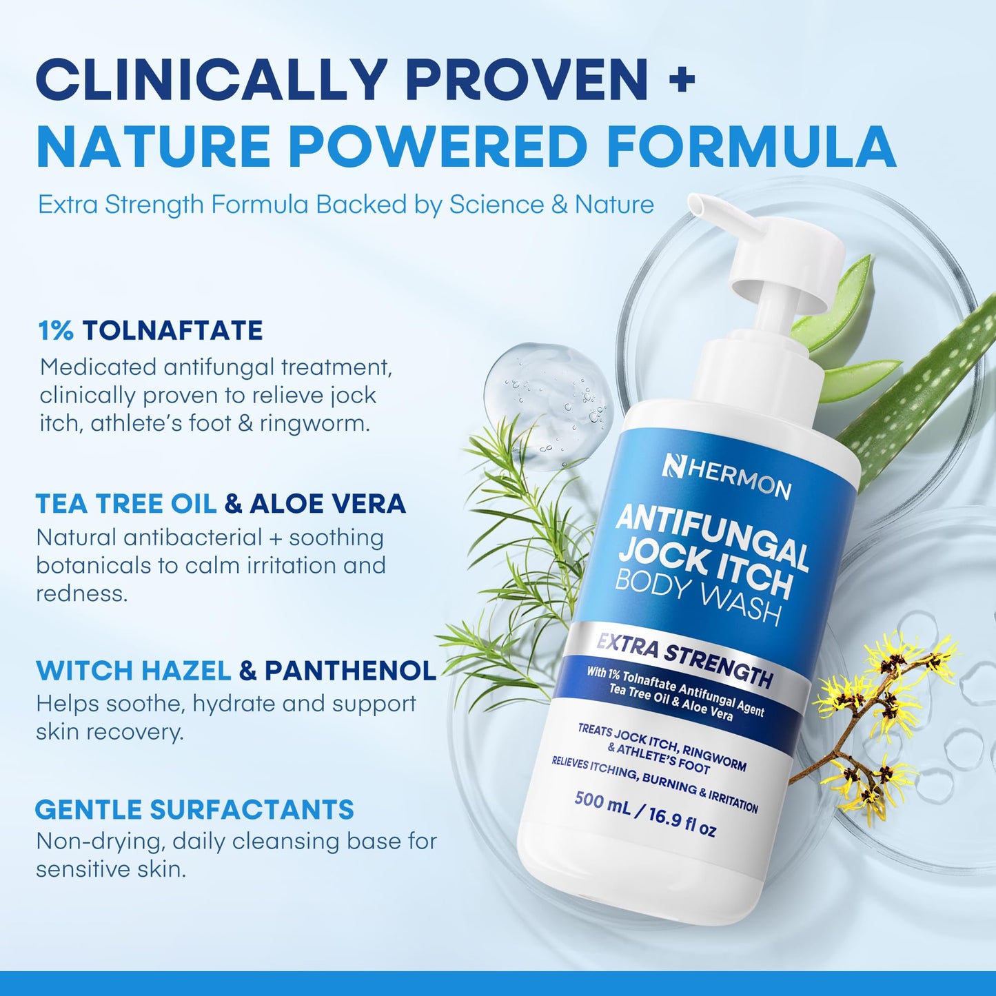 Hermon Antifungal Body Wash Extra Strength: Antifungal Soap for Jock Itch, Tinea Versicolor, Ringworm, Back Acne, Foot Odor - Anti Fungal Body Wash