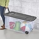 Ouyniei Clear Storage Container with Wheels, Large Rolling Bin with Gray Lid, 36.75x21.38x18 Inch, Moisture-Resistant Storage Box for Transport