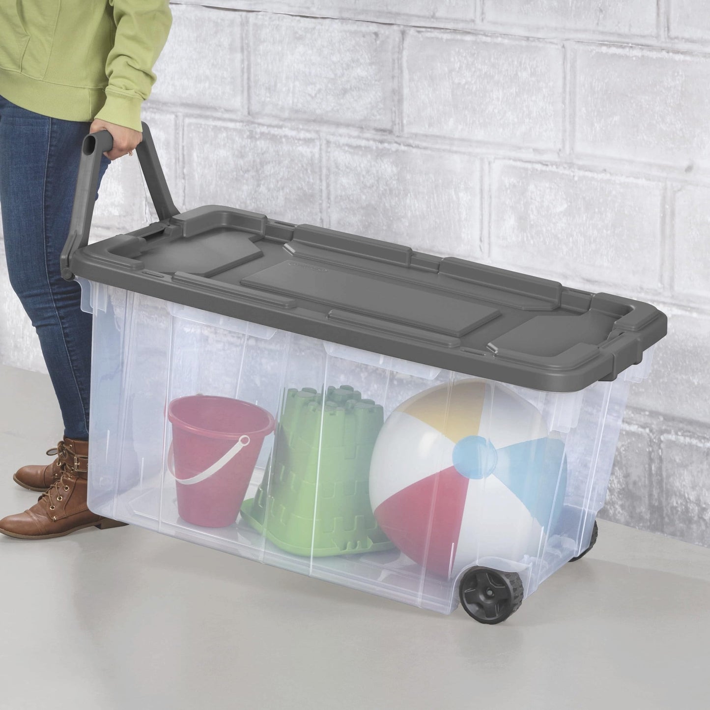 Ouyniei Clear Storage Container with Wheels, Large Rolling Bin with Gray Lid, 36.75x21.38x18 Inch, Moisture-Resistant Storage Box for Transport