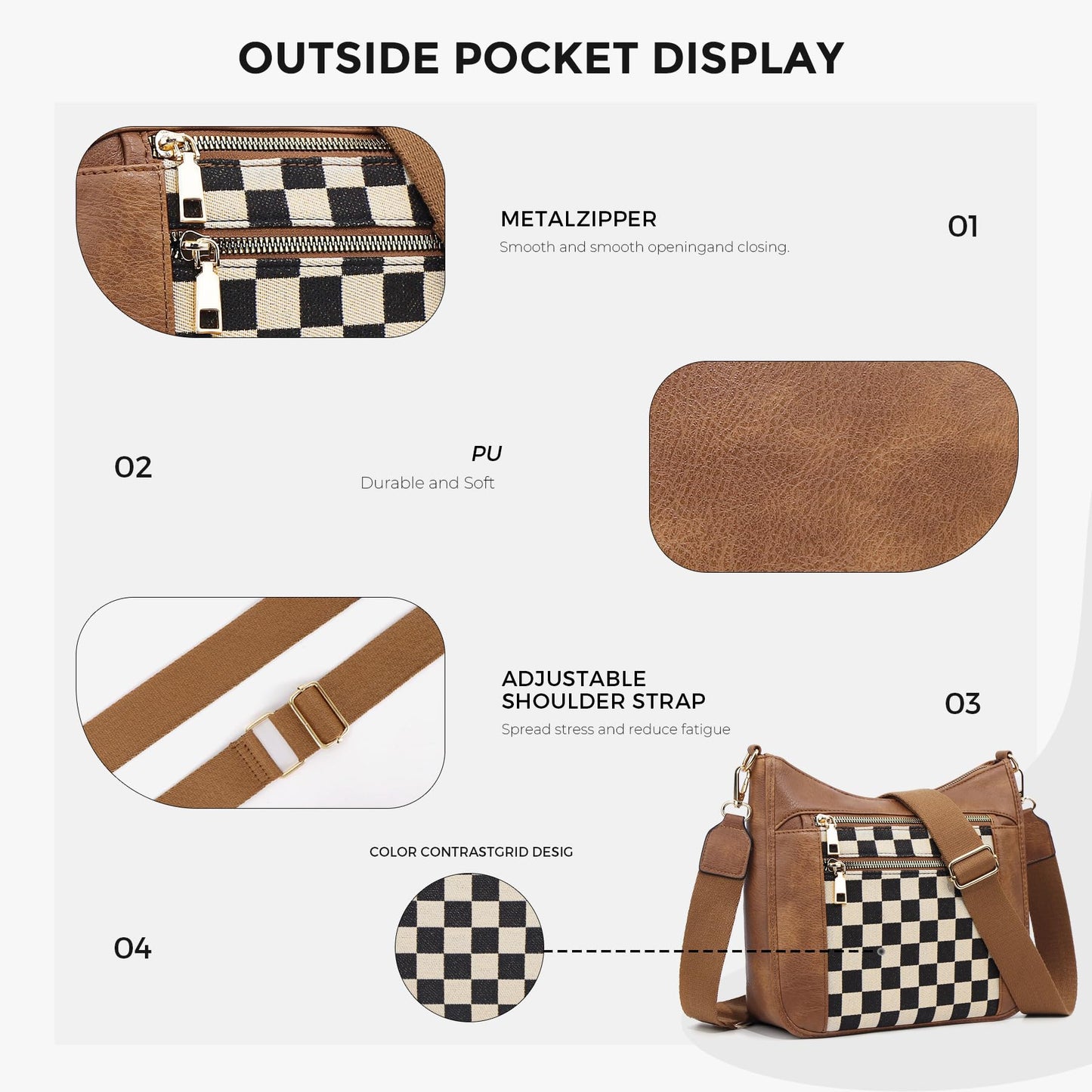 Duyijiff Checkered Crossbody Bags for Women Hobo Handbags Checkered Purse Trendy Crossbody Shoulder Purse (A01 Brown)
