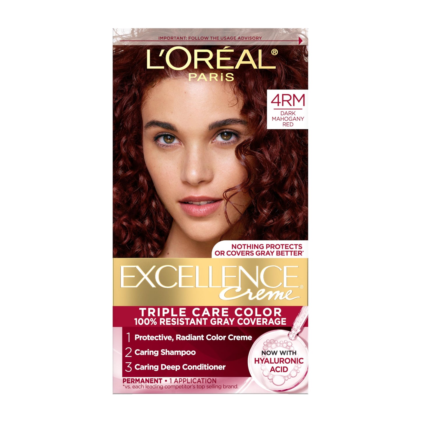 L'Oreal Paris Excellence Crème Permanent Hair Dye, Triple Care Hair Color with Pro-Keratine Complex for 100% Gray Hair Coverage, 4RM Dark Mahogany