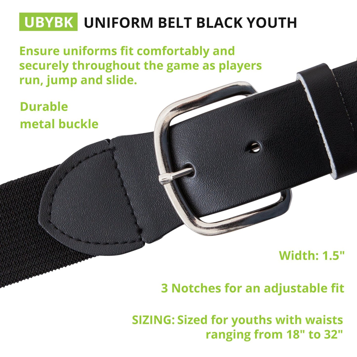 Champion Sports Baseball/Softball Uniform Belt - Comfort Nylon Stretch Fit Uniform Belt - Durable Leather Tab - Youth "18-32 Inches" - Black