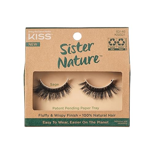 KISS Sister Nature False Eyelashes, 'Sage', 12 mm, 100% Natural Hair, Recyclable Paper Box, Printed with Soy Ink, Cruelty Free, Vegan, Includes 1 Pair