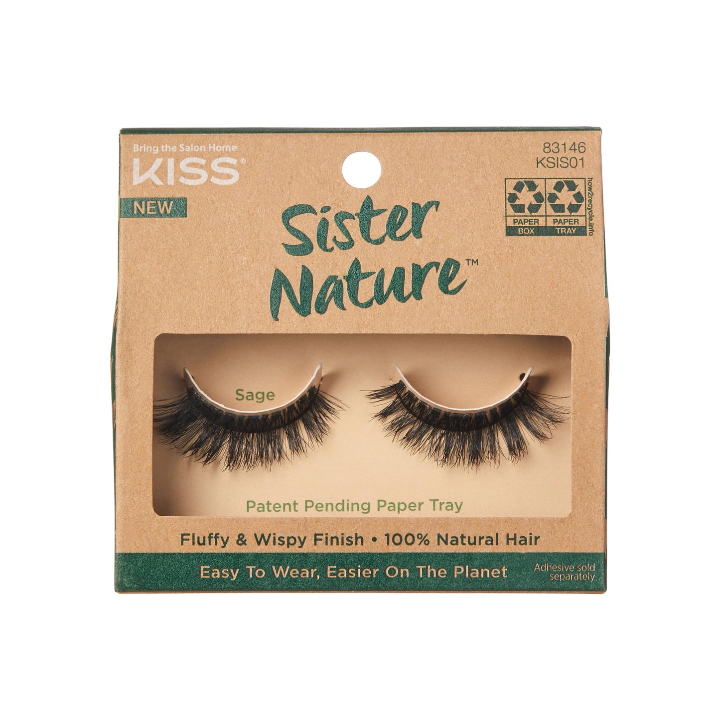KISS Sister Nature False Eyelashes, 'Sage', 12 mm, 100% Natural Hair, Recyclable Paper Box, Printed with Soy Ink, Cruelty Free, Vegan, Includes 1 Pair