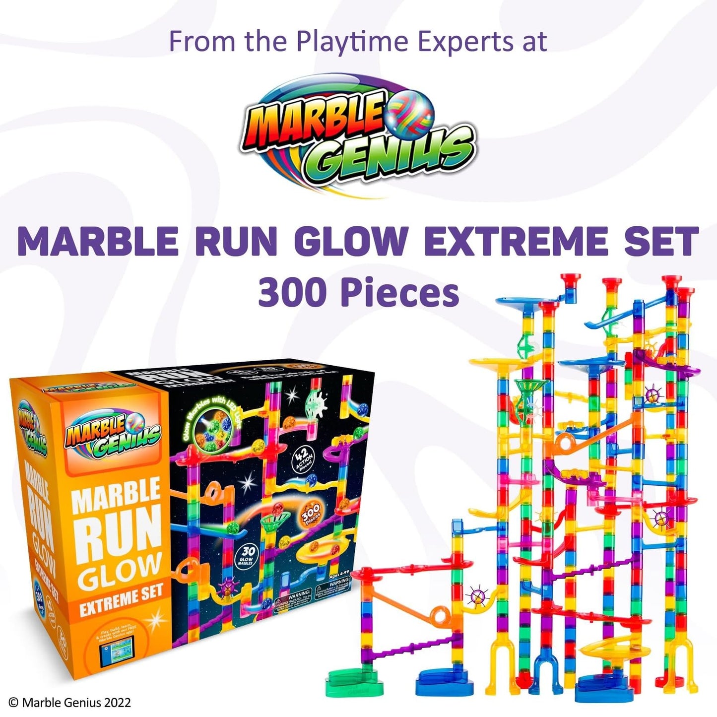 Marble Genius 200pcs Glow Marble Run Super Set – STEM Track Race Building Blocks with Glow-in-the-Dark Marbles & Guide for Kids 4+