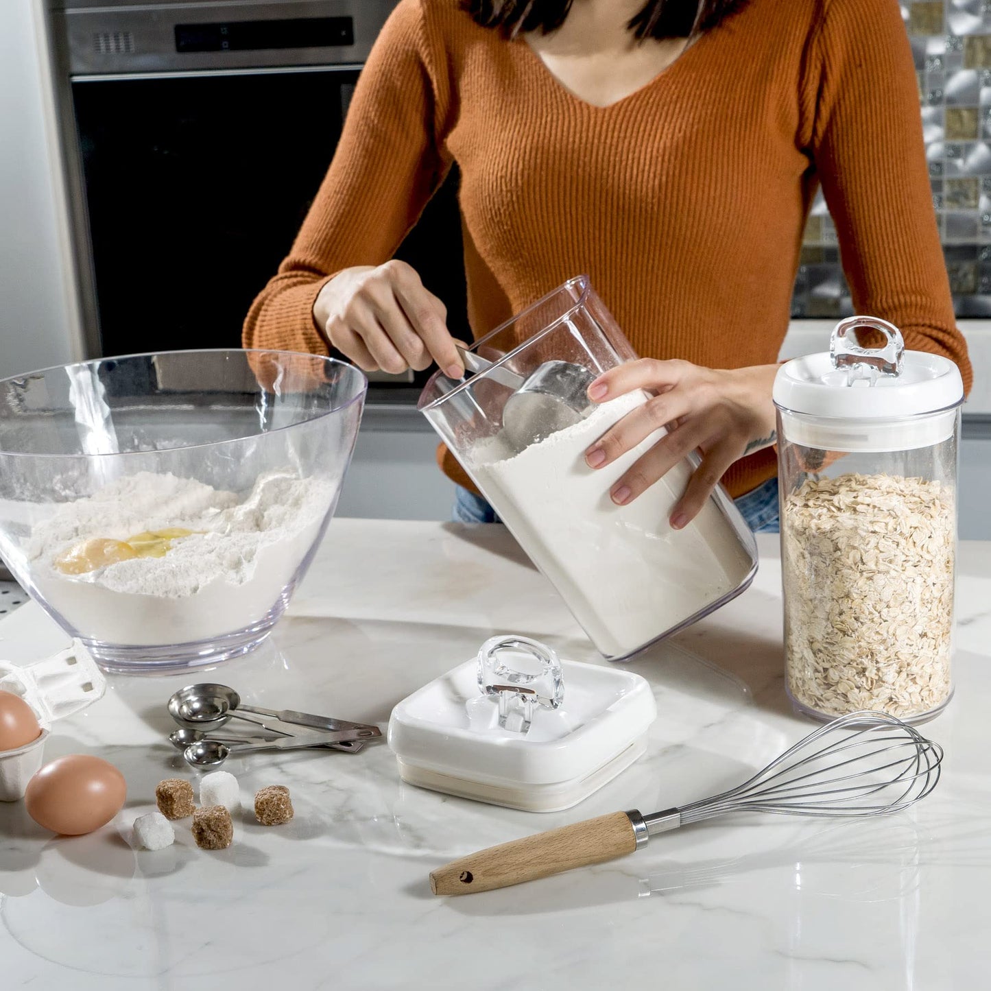 Felli Flip Tite Storage Container with Built-In Spoon & Airtight Lid 5” Large-M Ring Flip Top, Stackable Acrylic Canister for Rice Sugar Flour…