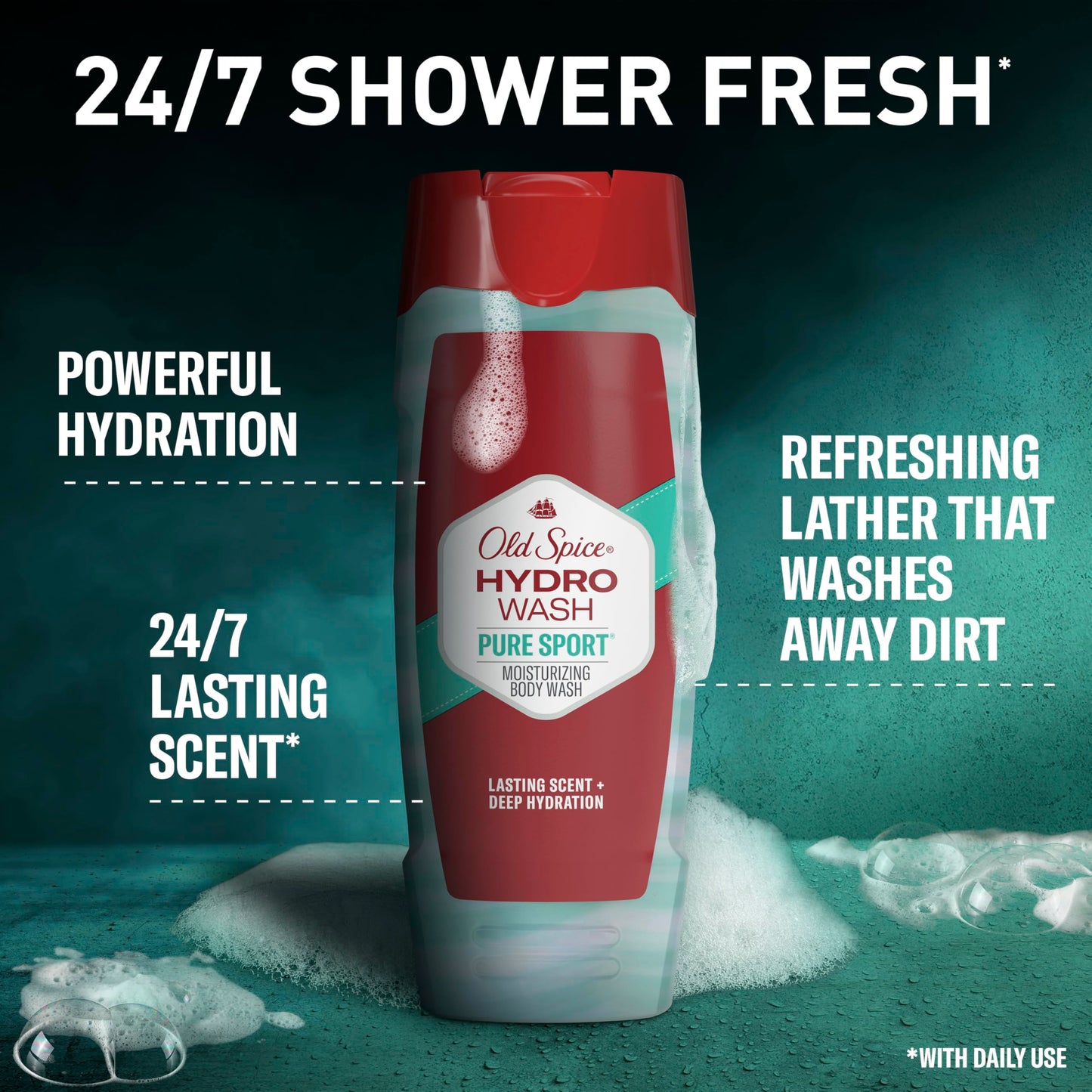 Old Spice Moisturizing Body Wash for Men, Hydro Wash, 2-in-1 Long Lasting Scent & Powerful Hydration to Fight Dry Skin, 24/7 Shower Fresh, Pure Sport