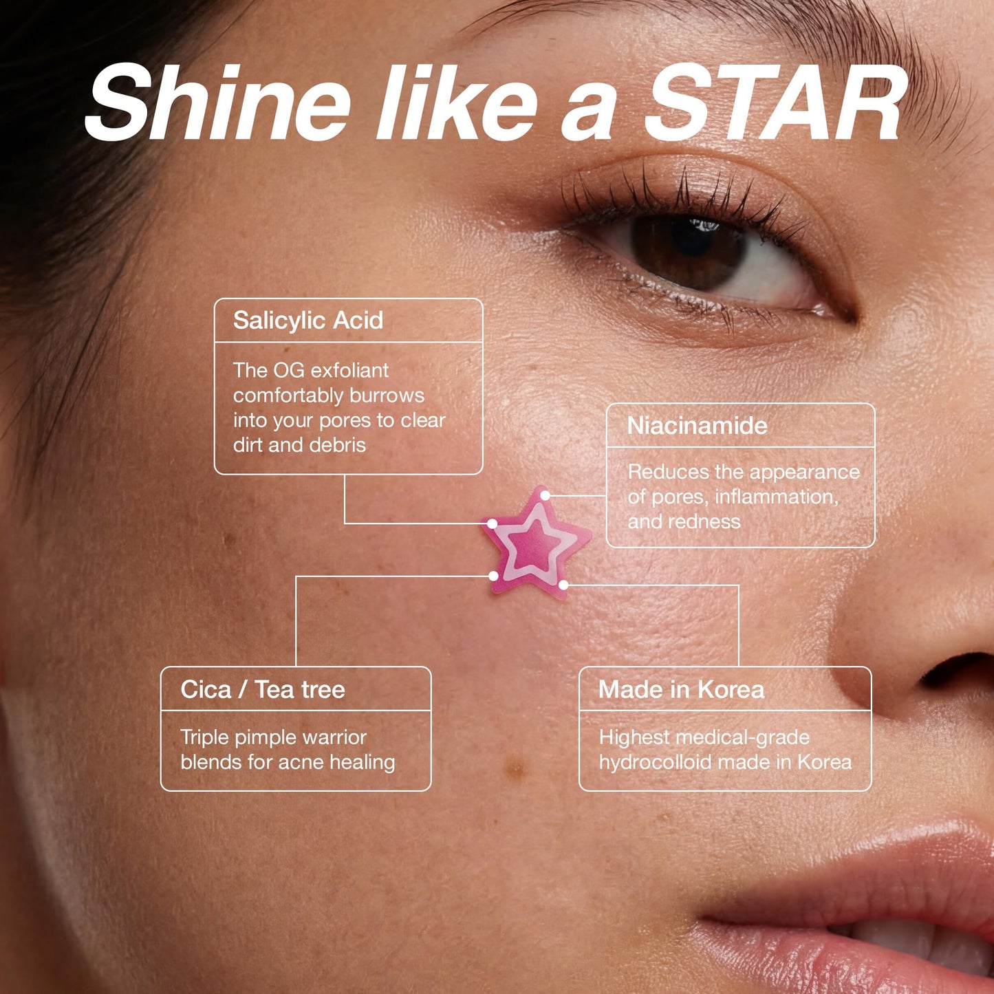 FreeGo WOO JU (??) Hydrocolloid Pimple Patch 120 Counts | Cute Colorful Star Shape | Salicylic Acid, Niacinamide, CICA, Tea Tree | Made in Korea