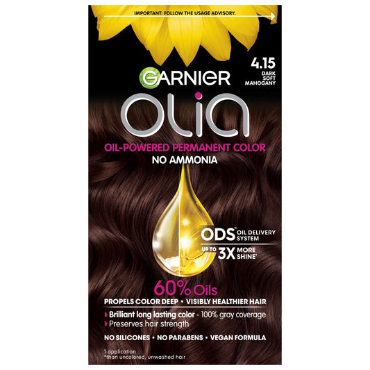 Garnier Hair Color Olia Ammonia-Free Brilliant Color Oil-Rich Permanent Hair Dye, 4.15 Dark Soft Mahogany, 1 Count (Packaging May Vary) Beauty & Personal Care Garnier