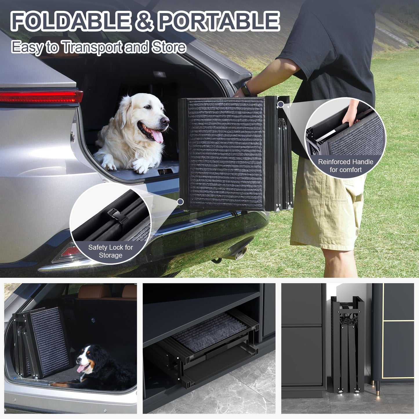 HerCcreta Wigge 63" Portable Dog Ramp – Non-Slip Rug Surface, Folding Car Ramp for Large Dogs, SUVs, Trucks – Supports up to 250 lbs
