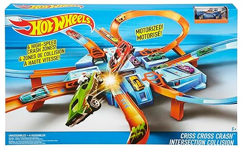 Hot Wheels Track Set with 1:64 Scale Toy Car, 4 Intersections for Crashing, Powered by a Motorized Booster, Criss-Cross Crash Track (Amazon Exclusive)