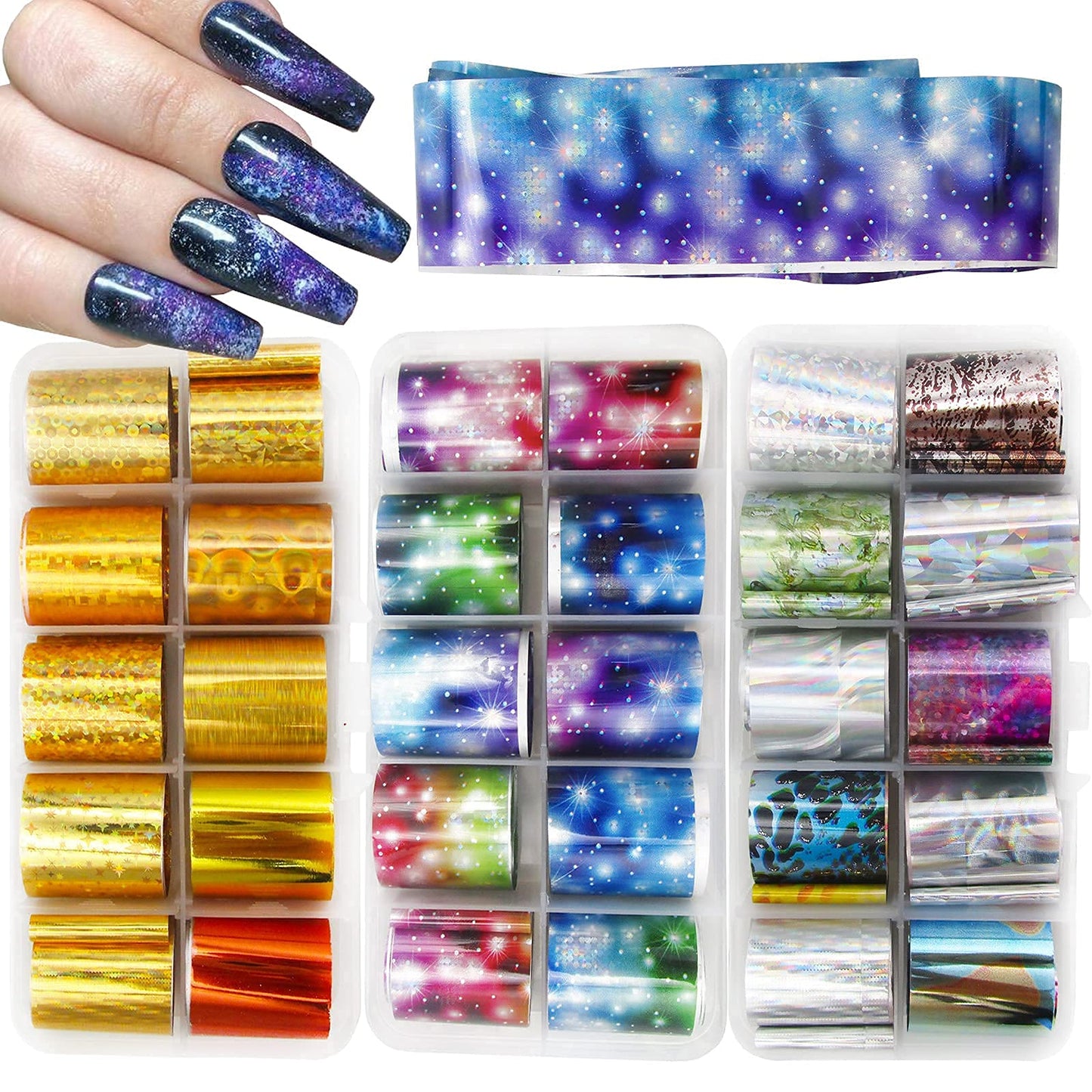 30 Sheet Holographic Transfer Nail Foil Stickers Starry Sky Nail Art Foils Sticker Wraps Metallic Gold Silver Laser Transfer Nail Decals for Manicure