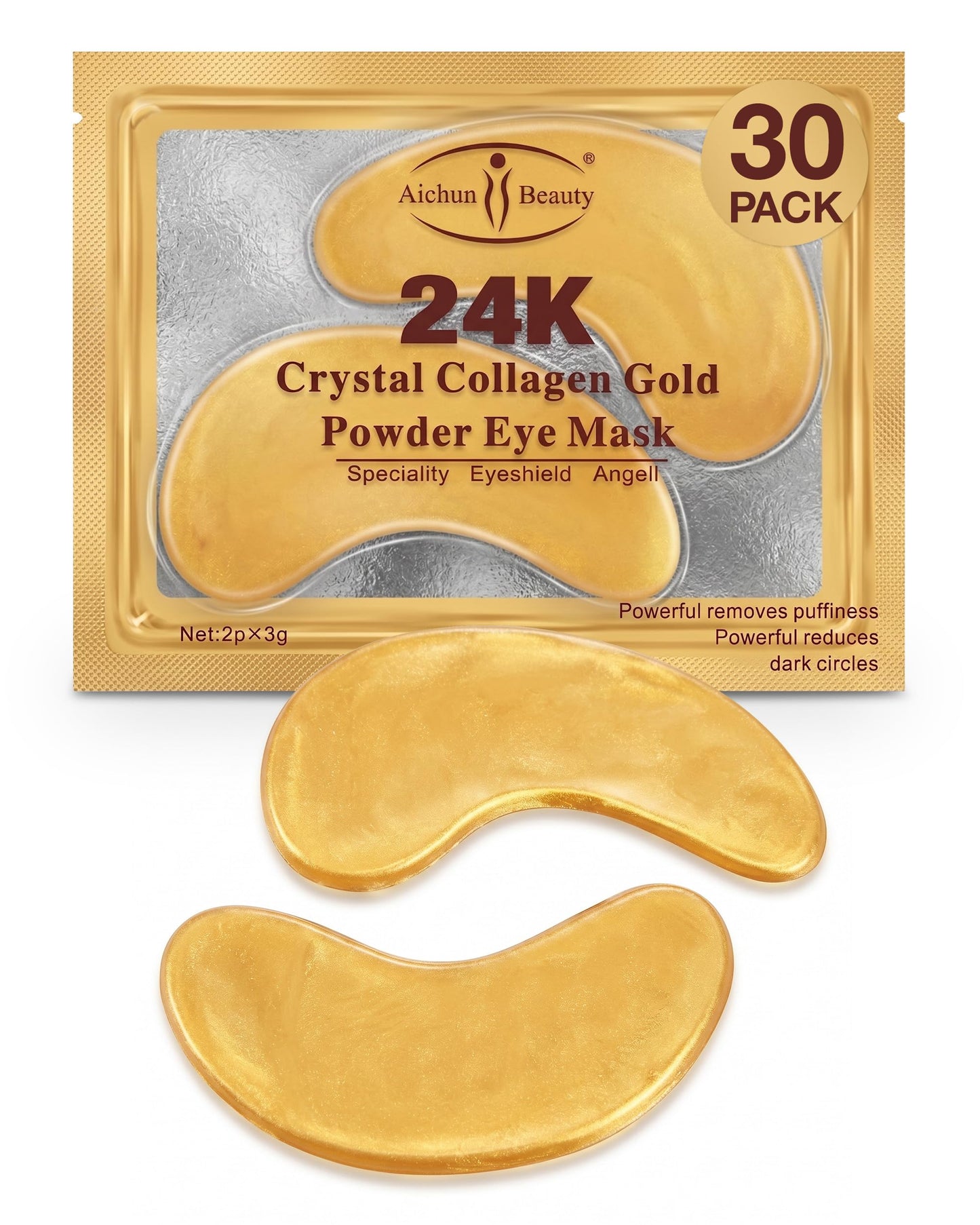 AICHUN BEAUTY Crystal Collagen Gold Eye Mask - 24K Gold Eye Mask Patches - Hydrating Gold Eye Mask Crystal Gel Patches, 30 Pack